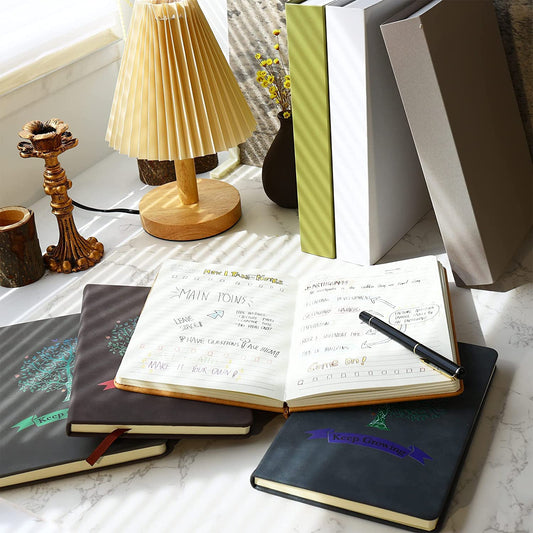 4-pack Tree of Life adult journals, A5, lined, wide ruled, writing diary, notebooks, 180° Layflat, thick paper, faux leather, hardcover, 200 pages