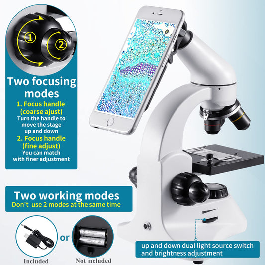 2000X optical microscope, metal body, 2 WF eyepieces, dual illuminator system, EU plug, complete accessories for kids, students, beginners.