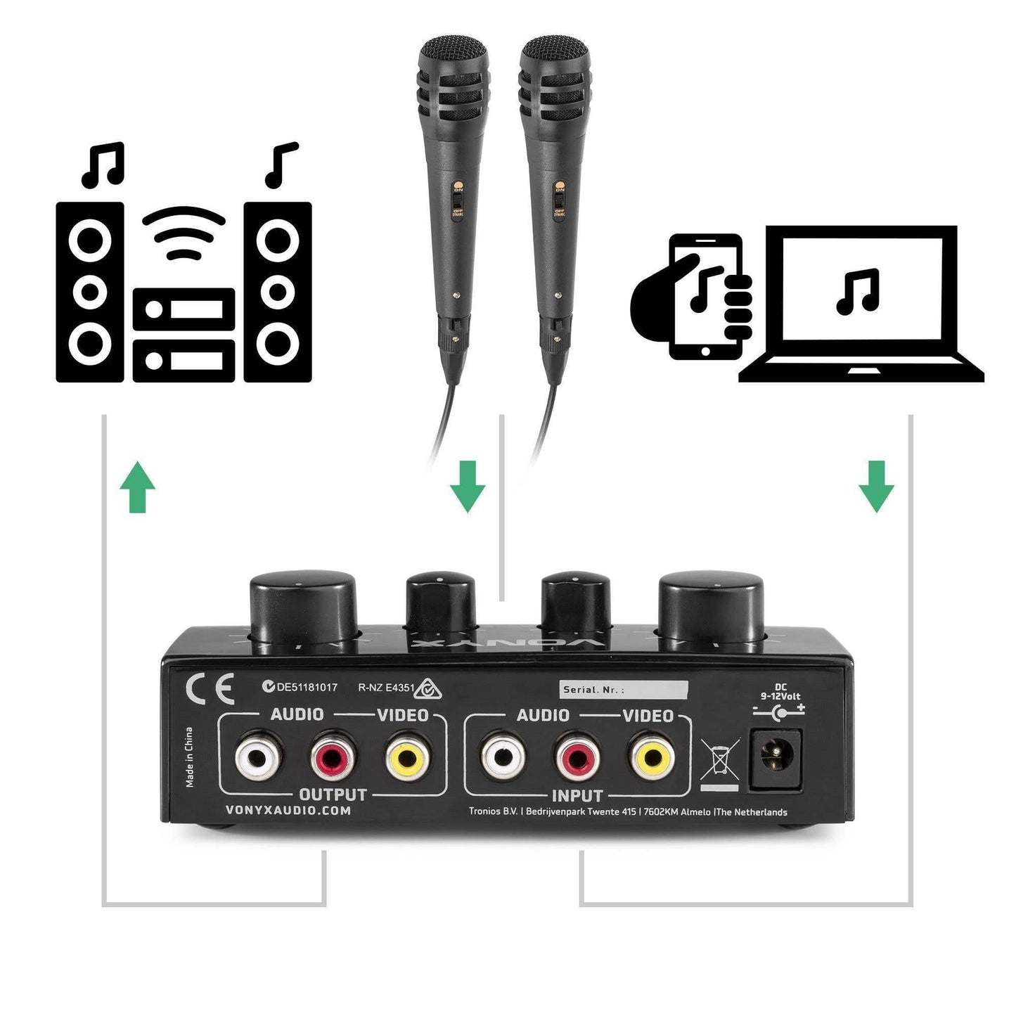 Karaoke system - Vonyx AV430B - mixer with microphones and cables - Turn your stereo system into a real karaoke setup! - Black