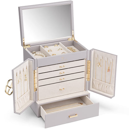 Vlando Jewelry Box Large, French Jewelry Case 6 Levels, Jewelry Organizers Large XXL with Mirror, Drawers, Jewelry Storage for Women, Jewelry Box for Earrings, Necklaces, Watches