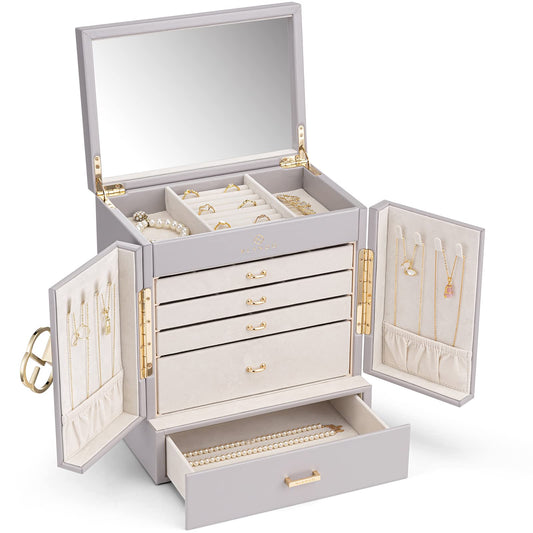 Vlando Jewelry Box Large, French Jewelry Case 6 Levels, Jewelry Organizers Large XXL with Mirror, Drawers, Jewelry Storage for Women, Jewelry Box for Earrings, Necklaces, Watches