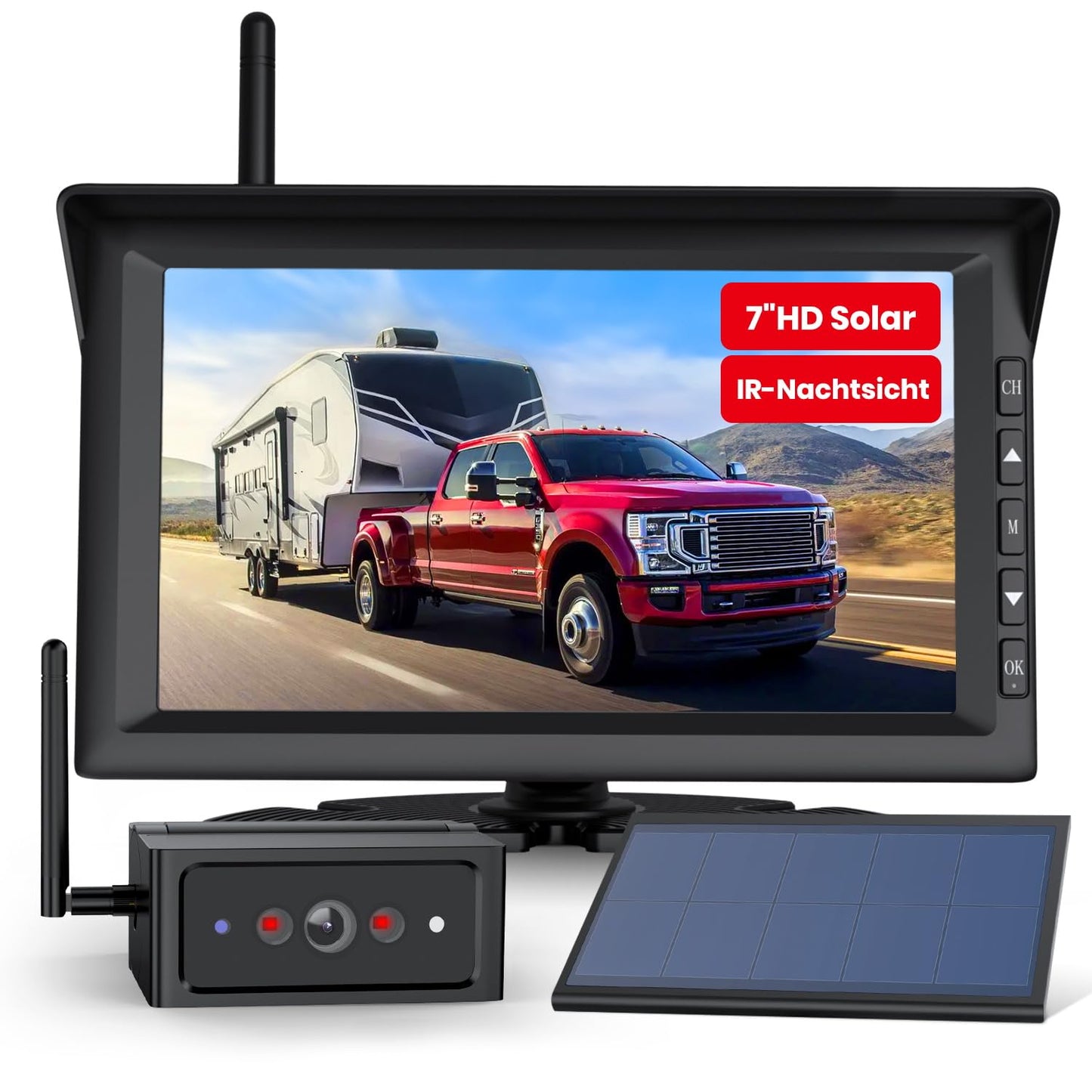 AUTO-VOX Solar Truly Wireless Backup Camera Kit with IR Night Vision, 1080P Wireless Digital Backup Camera with 7" Split-Screen Monitor for Truck, RV, Camper, Trailer, Van, Bus (Solar4)