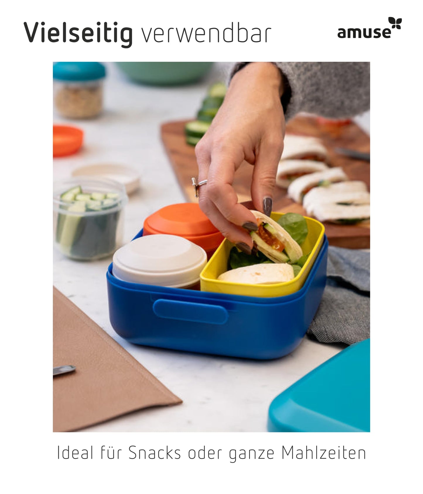 Amuse Rikko lunchbox set for kids with compartments. Bento box includes 2 snack boxes with compartments. Colorful lunchbox ideal for sandwiches, snacks, and meals on the go. Perfect for school lunches and picnics.