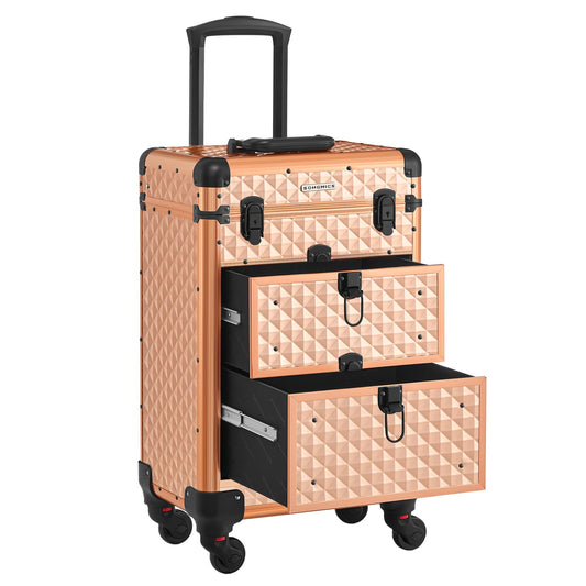 SONGMICS Cosmetic Bag Trolley, Makeup Case with 2 Drawers, Large Hairdresser Case, Makeup Case, 34 x 24 x 56 cm, 360° Rotating Wheels, Travel, Hairdressers, Gift Idea, Champagne Gold JHZ008A01