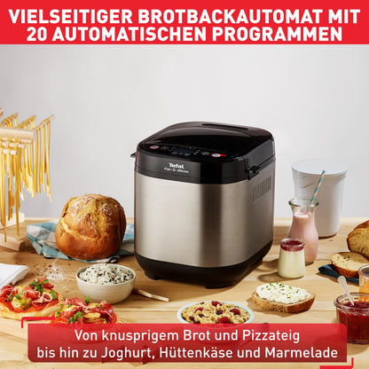 Tefal Bread Maker Pain & Délices, 20 baking programs, 3 adjustable loaf sizes and crust settings, also for cakes - pizzas - pasta dough, non-stick baking pan, black/stainless steel, PF240E
