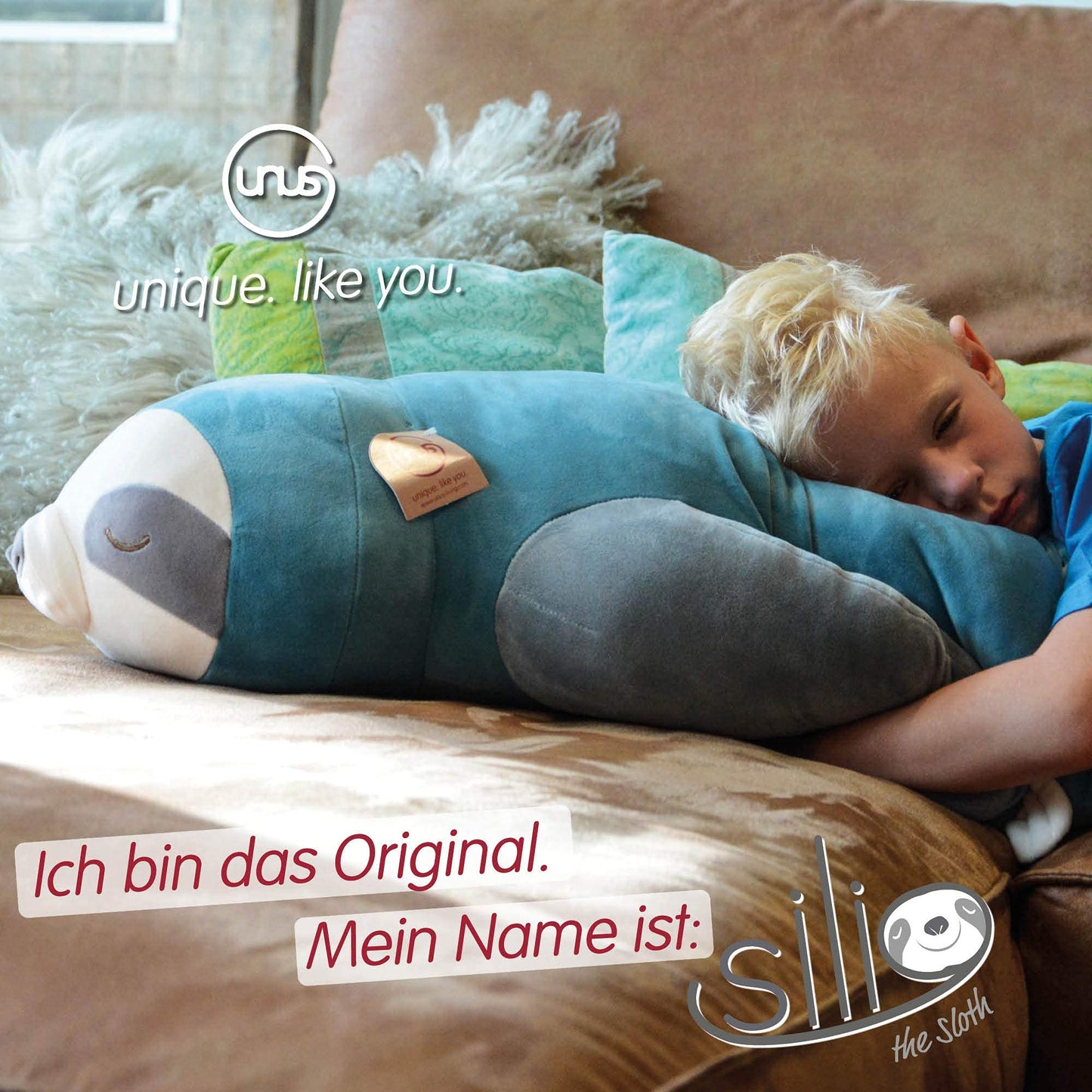 UNUS Sloth Plush Pillow, 50 cm, Turquoise, Side Sleeper Pillow soft and fluffy, Nursing Pillow, Pregnancy Pillow