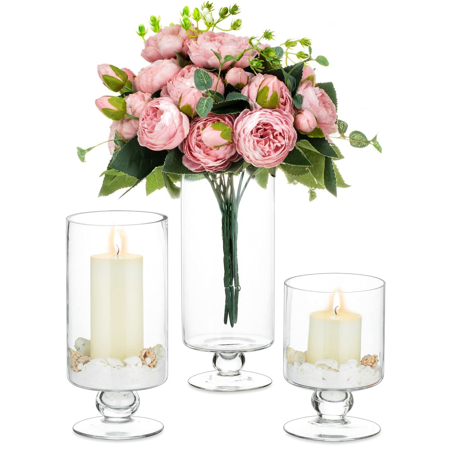 NUPTIO 3 Piece Set Large Glass Vase Candle Holder, Hurricane Candle Holder for Pillar Candles Tall Glass Vases for Centerpieces, Glass Flower Vases for Home Christmas Party Wedding Table Decoration