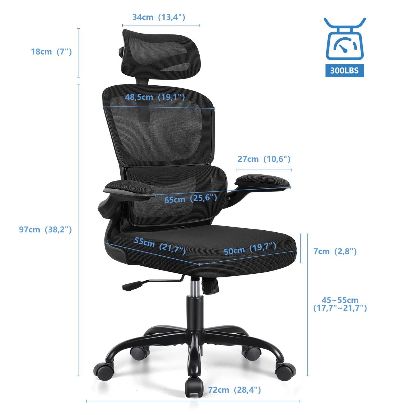 Razzor Ergonomic Office Chair with Adjustable Headrest, Lumbar Support, Mesh Computer Chair with Flip-Up Armrests, Executive Chair with Tilt Function 90°-135°