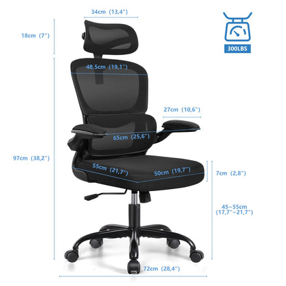 Razzor Ergonomic Office Chair with Adjustable Headrest, Lumbar Support, Mesh Computer Chair with Flip-Up Armrests, Executive Chair with Tilt Function 90°-135°
