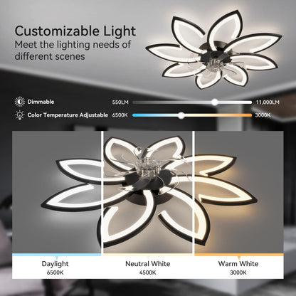 Ceiling fan with lighting and remote control app, lamp with fan Quiet, flower modern design, dimmable, memory function, DC motor, summer winter operation reversible, black
