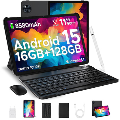 DOOGEE U11 2025 Newest Android 15 Tablet 11 inch 16GB+128GB (2TB TF) Widevine L1 Gaming Tablets, 8580mAh, Octa-Core, 2.4G+5G WiFi, 13MP+5MP, Tablet with Keyboard, Mouse, Pen, Case, and Screen Protector.
