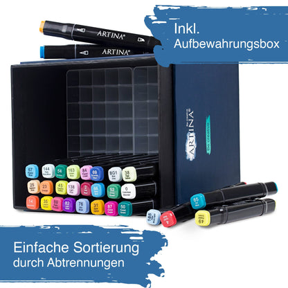 Artina 80pc Marker Set Markilo MD with 3mm & 6mm tips - waterproof permanent markers with intense & highly pigmented colors, felt tip set with 2 tips for scrapbooking, bullet journaling, manga.