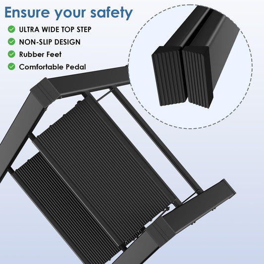 TLGREEN Aluminum Step Ladder 2-Step Folding Ladder Slip-Resistant Step Stool Household Multifunctional Step Stool Easy to Store up to 150kg Capacity for Kitchen Household Outdoor Office Black