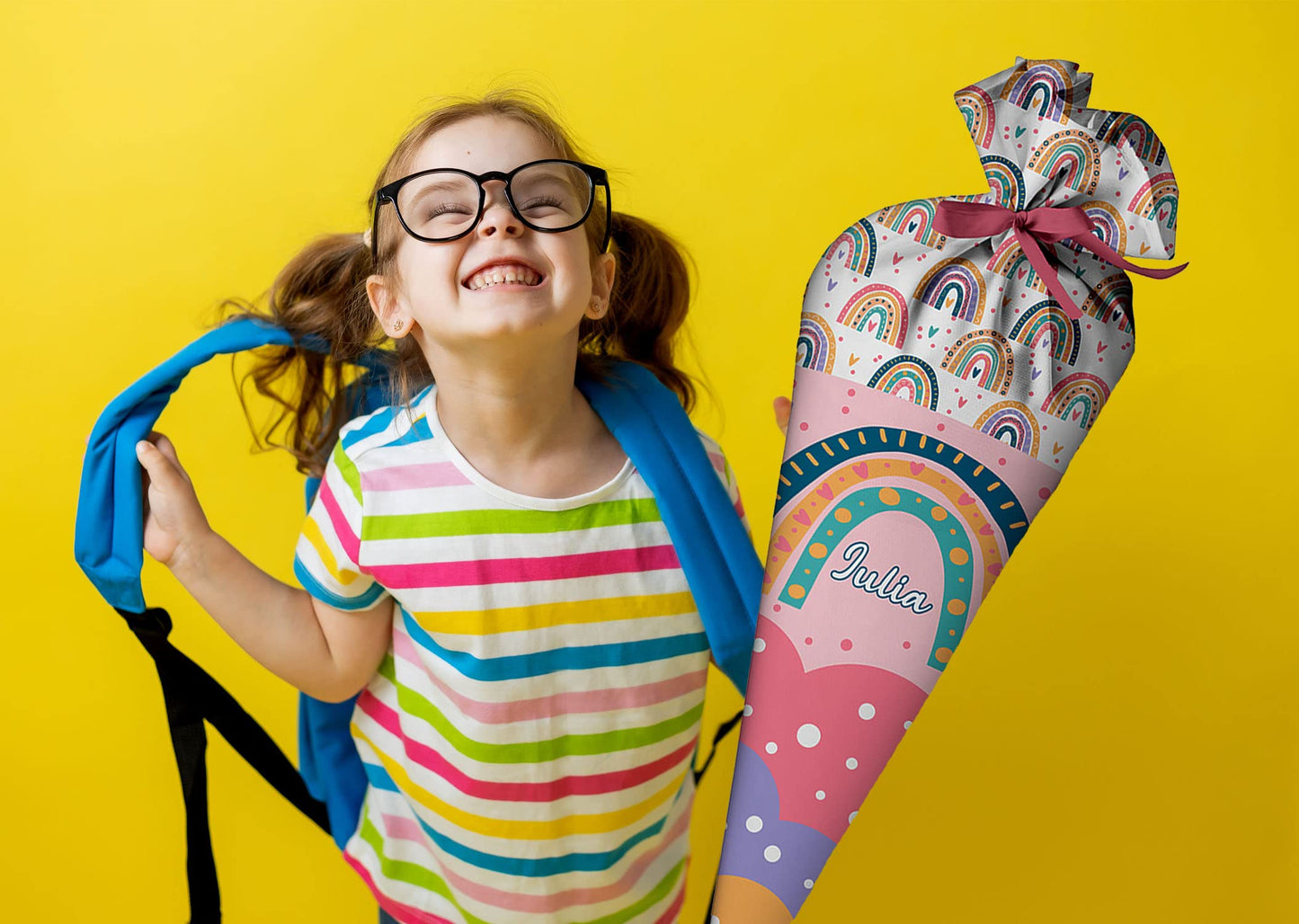 Fierce school cone butterfly for girls, personalized bag made of fabric, 70 cm cone with name, round cardboard core and filling of silicone beads, large bag as a pillow.