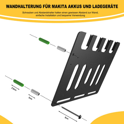 Bonna wall mount for Makita battery holders and chargers | Stable 4-slot battery holder 18V 14.4V and charger holder | Makita 2xDC18RC and 1xDC18RD | Organization in workshop and garage.