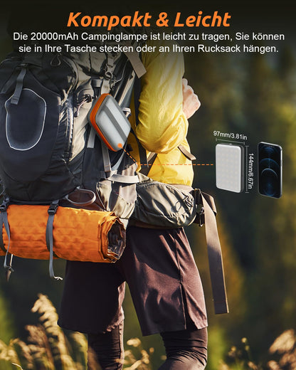 Eventek LED camping lantern 4000LM, 20000mAh power bank USB rechargeable camping light up to 144 hours, IPX5 waterproof camping lamp with 4 light modes for reading, tent, fishing, blackout.