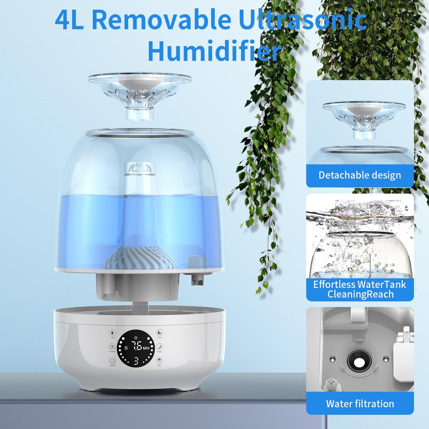 4L top fill humidifier bedroom, 28dB 35H room humidifier with 360° rotatable nozzle, remote control, timer, RGB color night light humidifier for nursery, office, baby.