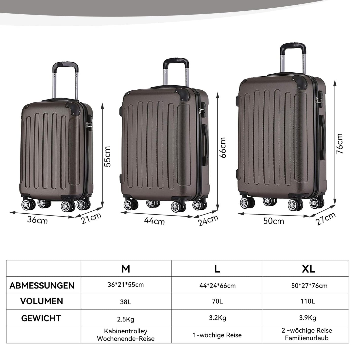 BEIBYE hard shell suitcase trolley suitcase roller suitcase travel suitcase combination lock 4 twin wheels (Coffee, suitcase set)
