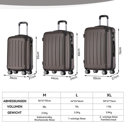BEIBYE hard shell suitcase trolley suitcase roller suitcase travel suitcase combination lock 4 twin wheels (Coffee, suitcase set)