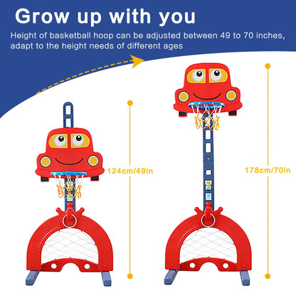 Kids Basketball Hoop Stand, Adjustable Height from 124 to 178 cm. Basketball set with adjustable hoop, soccer goal, and ball games. Interactive learning toy for babies, toddlers (red).