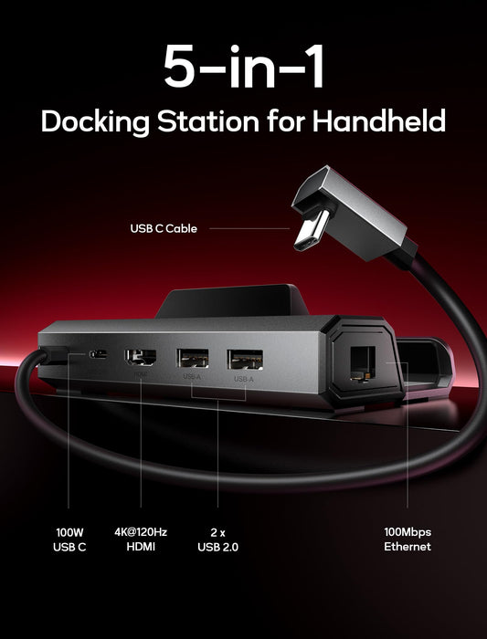 JSAUX Steam Deck Dock 5-in-1 docking station compatible with Valve Steam Deck/OLED/ASUS ROG Ally X/Legion Go S/MSI Claw. Features HDMI 4K@120Hz, two USB 2.0 ports, 100Mbps Ethernet, and 100W PD charging. Model HB0602.