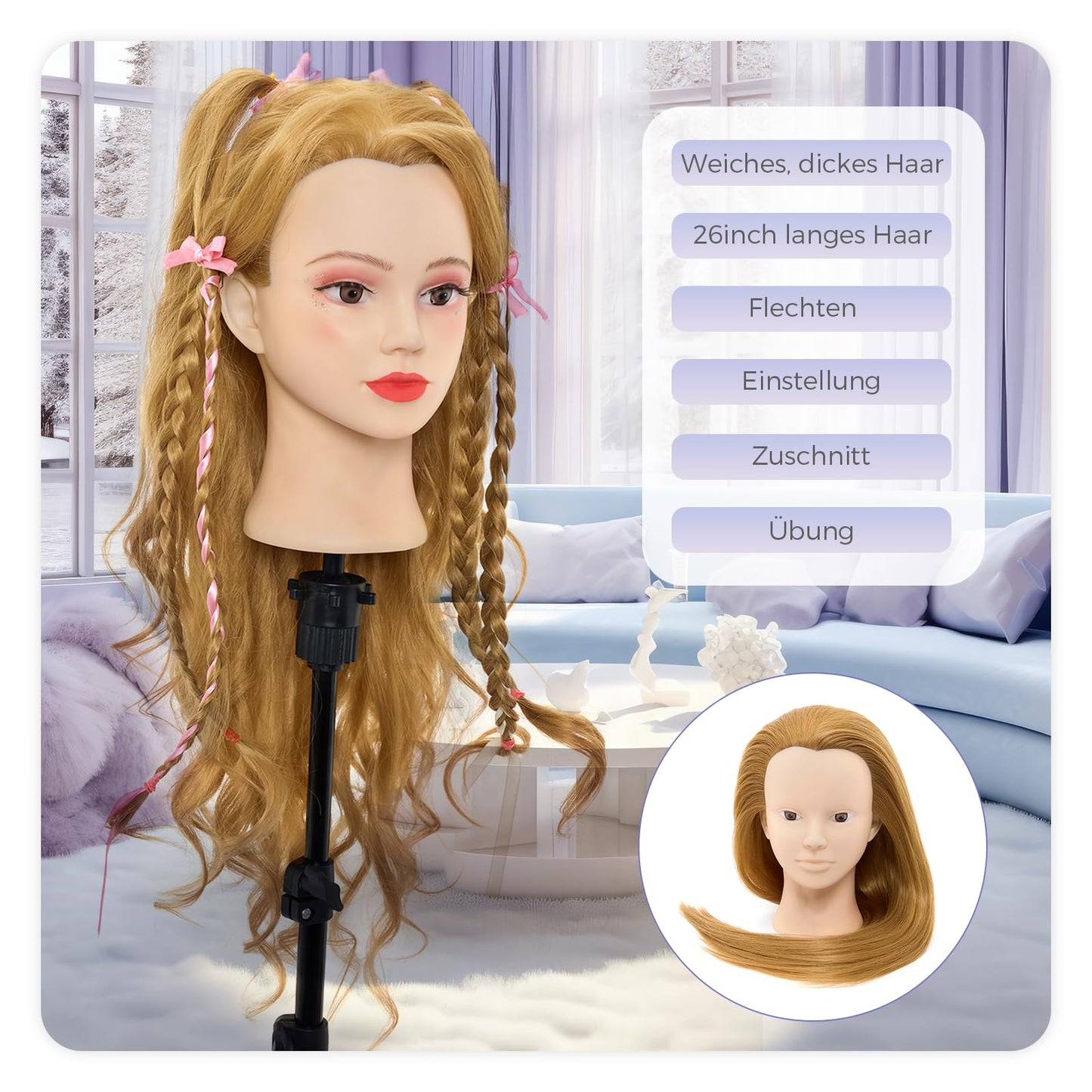Neverland 26" Hairdressing Head Mannequin 60% Real Hair Makeup Practice Head Training Doll Head Hairdresser Training Head With Stand + Hair Styling Braid Set