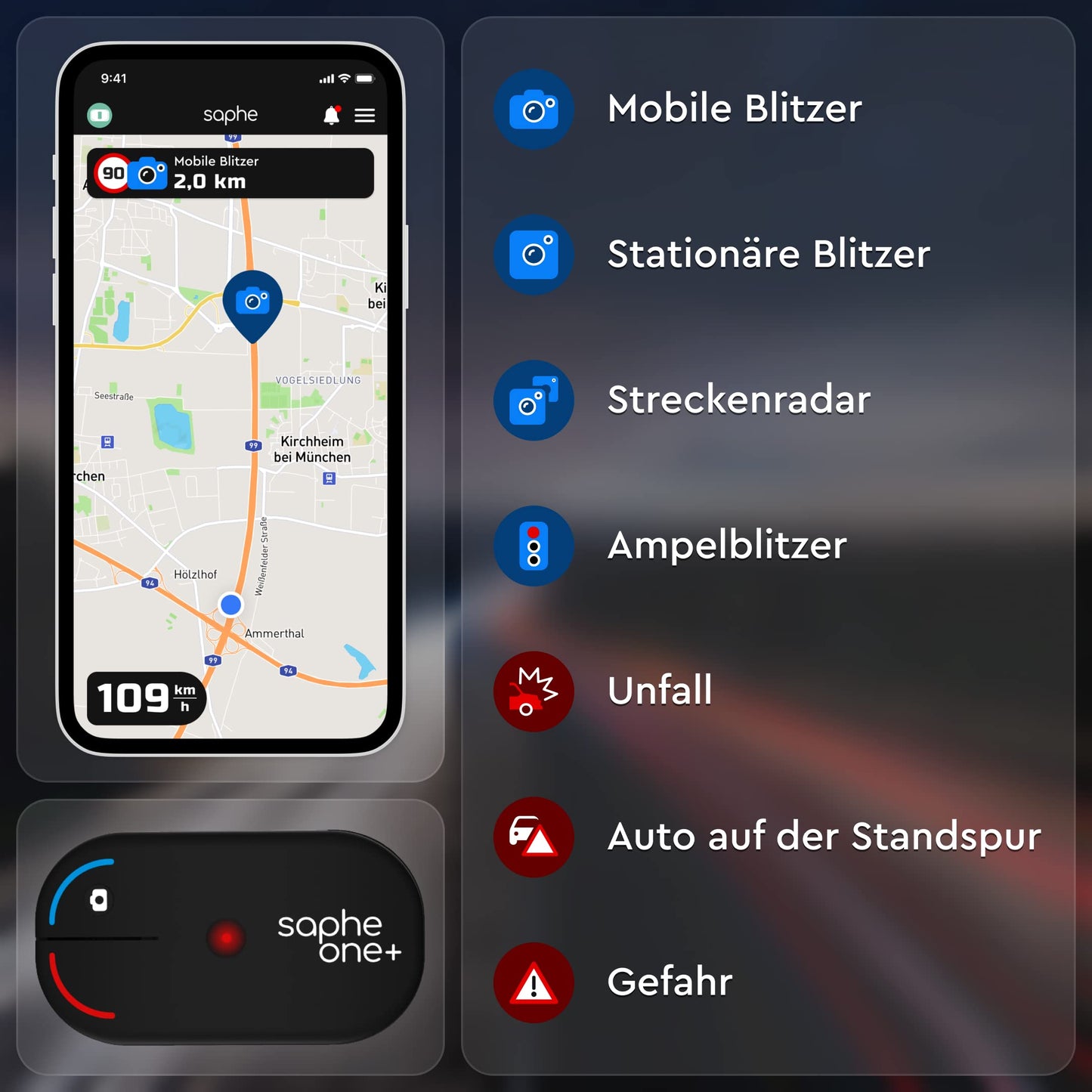 Saphe One+ speed camera warning system for your car – alerts you to speed cameras and hazards using data from Blitzer.de – no subscription required