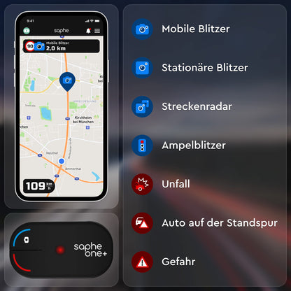 Saphe One+ speed camera warning system for your car – alerts you to speed cameras and hazards using data from Blitzer.de – no subscription required