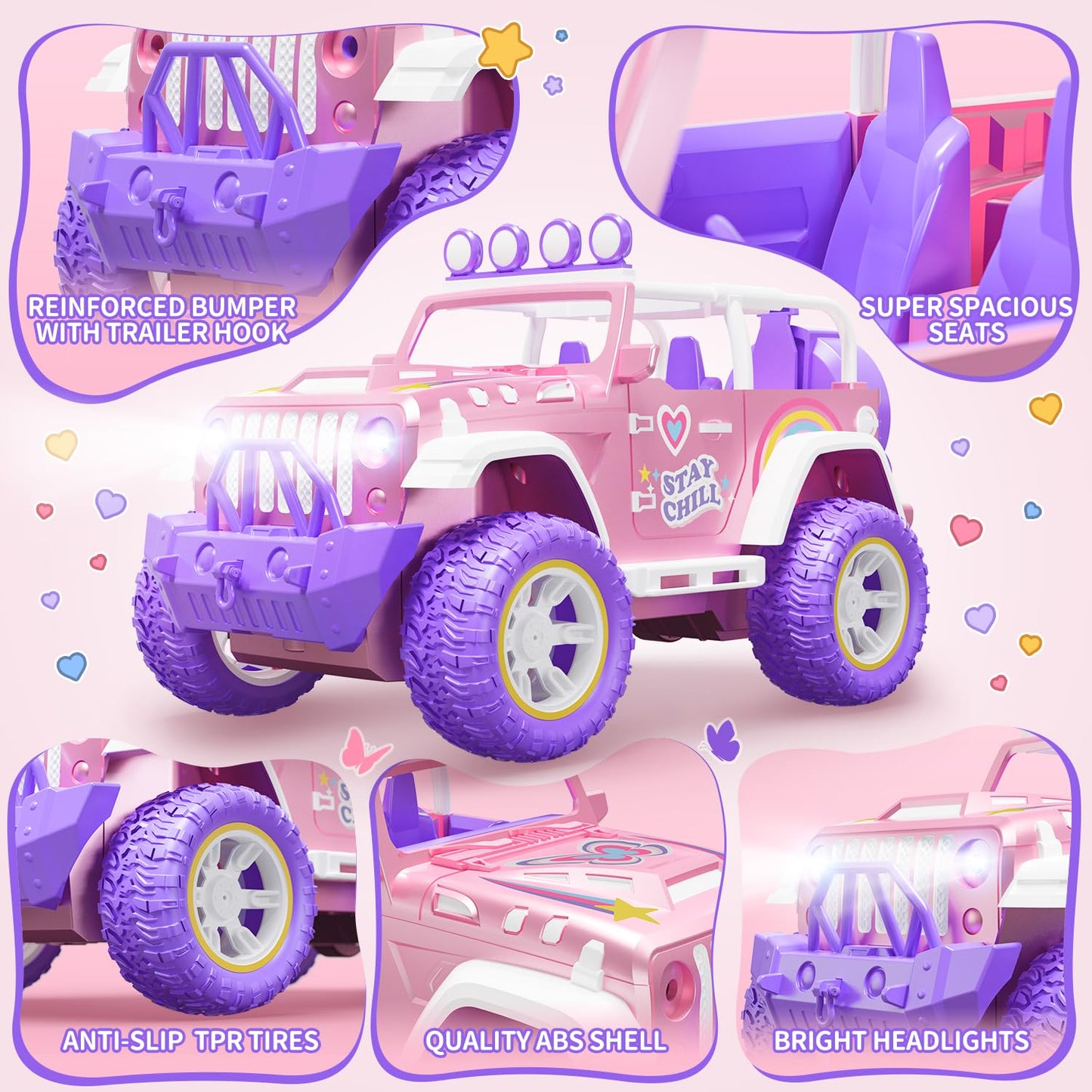 DEERC Pink Remote Control Car for Girls with Fog and Music, 1:16 RC Car with LED Lights for Kids, All-Terrain SUV Truck Gifts, Off-Road Toy Car, Girls Toy DE86-PI-DE4