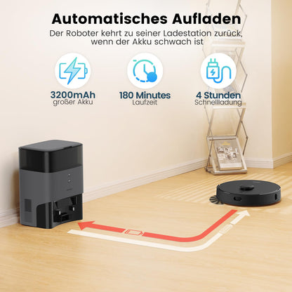AIRROBO T20+ robot vacuum with mop function, 3.5L dustbin, automatic emptying station, 180min runtime, LiDAR navigation, strong suction power for carpets and pet hair, APP control.