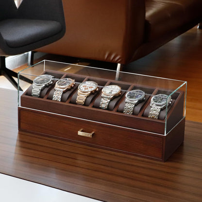 KAMIER Watch Box for Men, Luxurious Watch Case with 6 Compartments, 100% Real Wood Watch Organizer with Drawer, Jewelry Box for Men with Storage Box, Father's Day Gift, with Gift Box