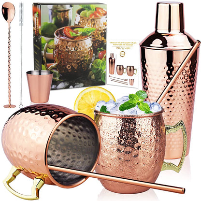 Recent Cocktail Shaker Set with 750ML Shaker, Moscow Mule Cup Set with 2 Copper Cups 500ML, Measuring Cup and Bar Spoon, Premium Copper-Stainless Steel Bar Accessories for Men and Women.