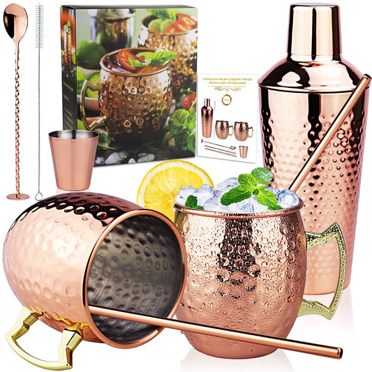 Recent Cocktail Shaker Set with 750ML Shaker, Moscow Mule Cup Set with 2 Copper Cups 500ML, Measuring Cup and Bar Spoon, Premium Copper-Stainless Steel Bar Accessories for Men and Women.