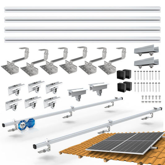 NuaSol PV Photovoltaic 2-set Mounting Kit Tile Roof Mount Rail Roof Hook - incl. Solar Aluminum Profile, End Caps, 35mm End Clamps, up to 115cm Width per Module and 35mm Height, Silver