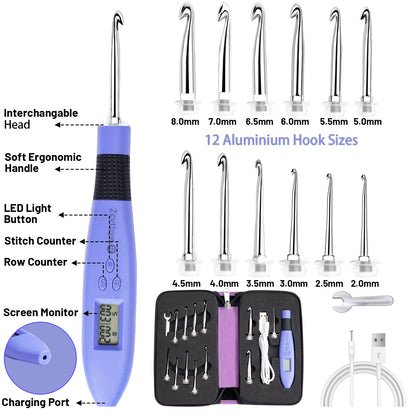 LED Crochet Hook Set, 12-in-1 rechargeable illuminated crochet hook set, with small screwdriver, travel zipper case (interchangeable crochet head sizes 2.0-8 mm)