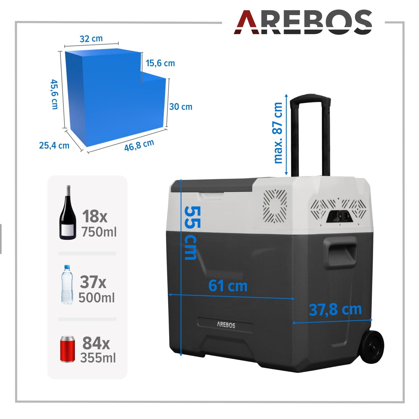Arebos compressor cooler box with wheels 47L Electric freezer box with APP & smart control Cooling and heating function Mobile cooler with USB port 12/24 V 230V for car, truck, camping, boat, motorhome