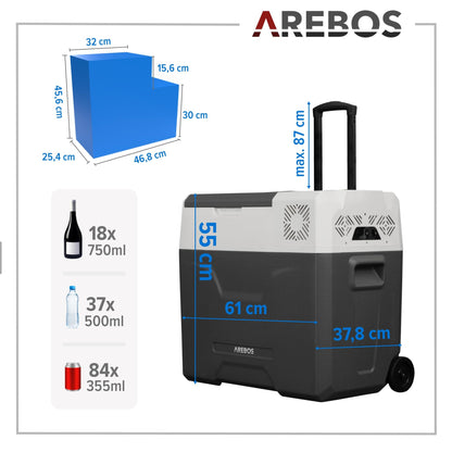 Arebos compressor cooler box with wheels 47L Electric freezer box with APP & smart control Cooling and heating function Mobile cooler with USB port 12/24 V 230V for car, truck, camping, boat, motorhome