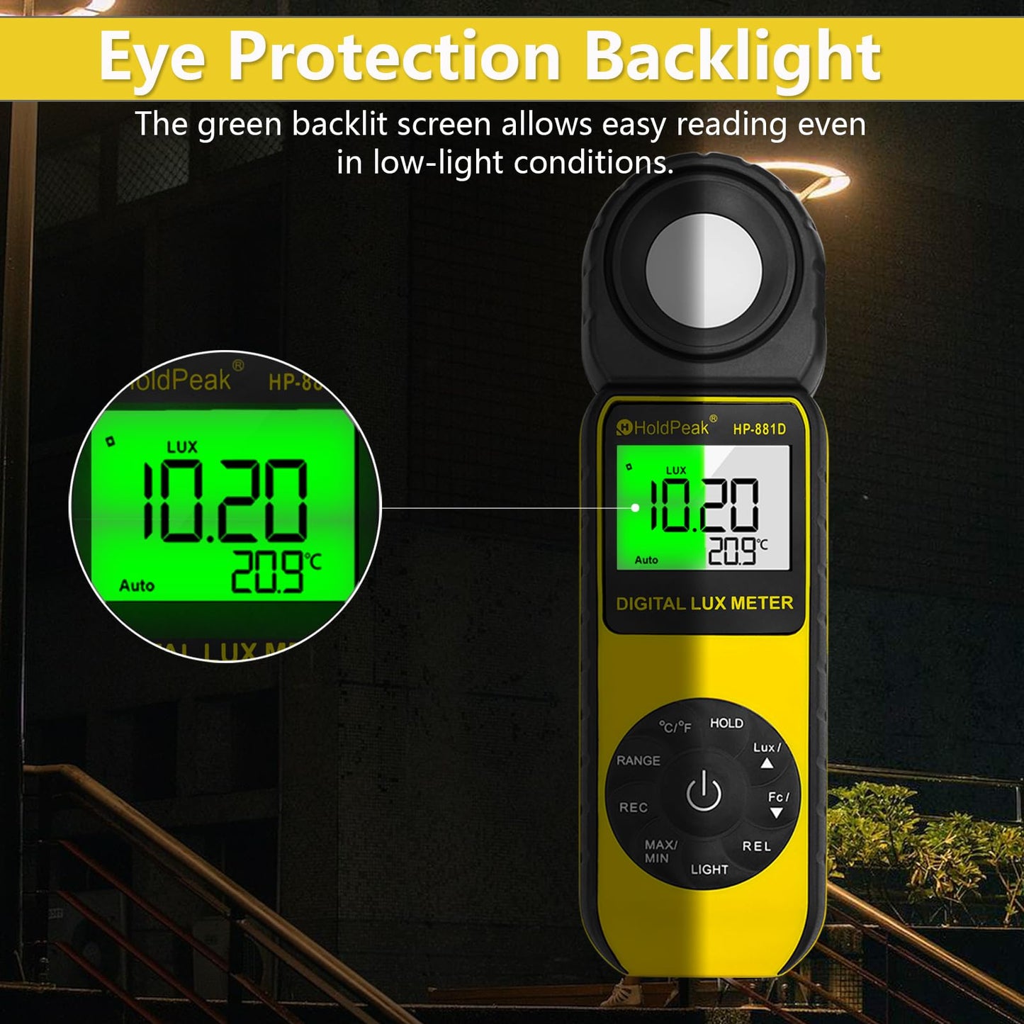 Digital light meter HoldPeak 881D 0.01~400,000 Lux, Lux meter 270° rotatable probe with data storage, Lux light meter for plants/LED lights/digital photography.