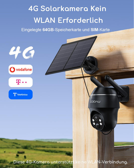COOAU 4G LTE outdoor surveillance camera with SIM card+64GB card storage+Solar panel, LTE surveillance camera, 2K wireless solar outdoor camera with color night vision, PIR person detection, IP66.