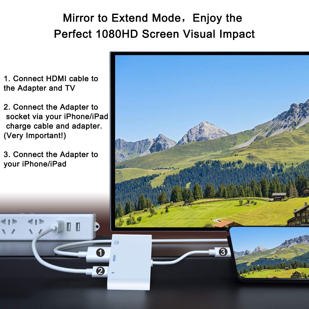 3 in 1 HDMI OTG adapter for iPhone, iPhone Digital AV 1080P HDMI adapter, USB port OTG cable and charging port, support USB flash drive, MIDI keyboard, mouse, for iPhone 14/13/12/11/XS/X/iPad