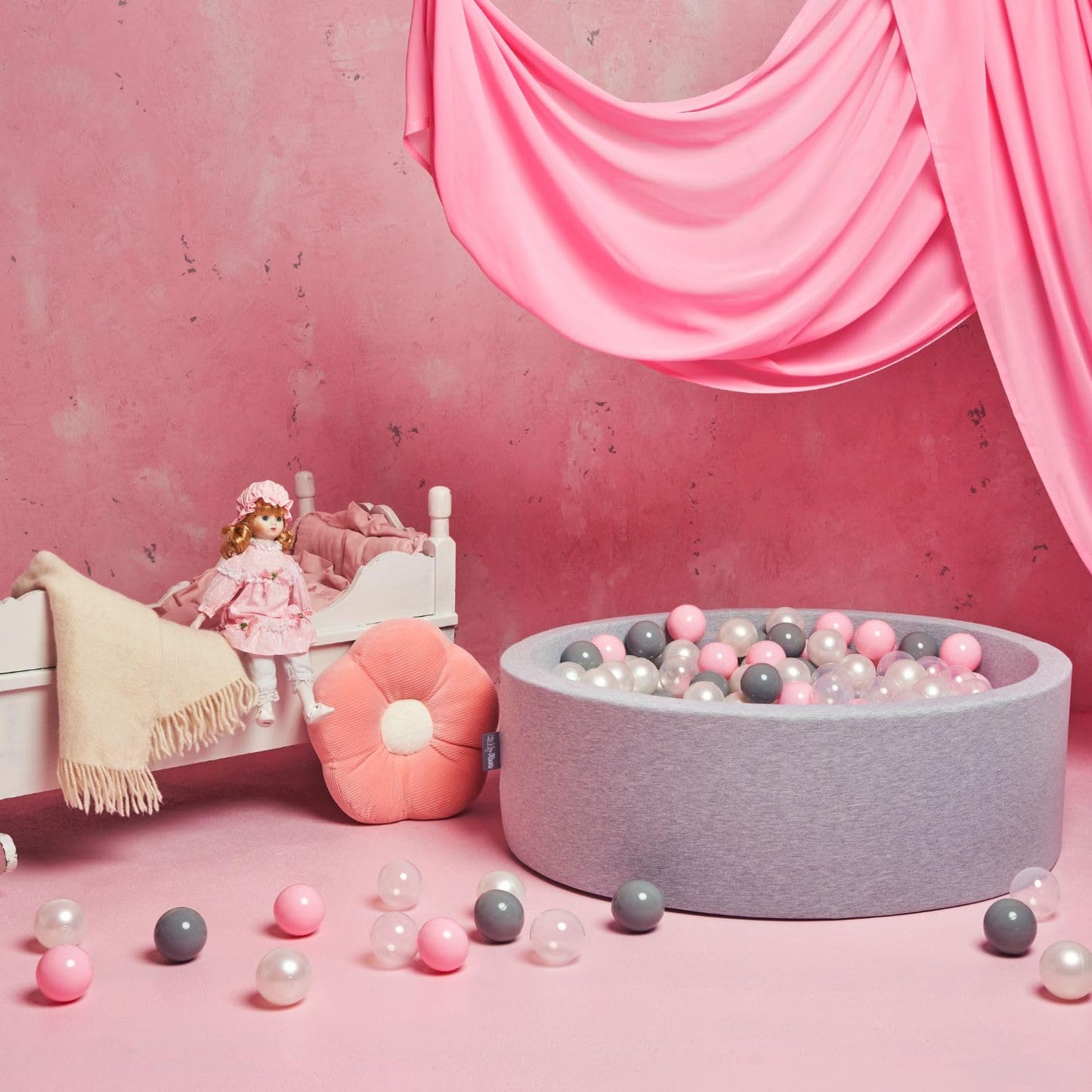 KiddyMoon ball pit 90X30cm/300 balls ∅ 7cm ball pool with colorful balls for girls babies children round, light grey:pearl/grey/transparent/pink