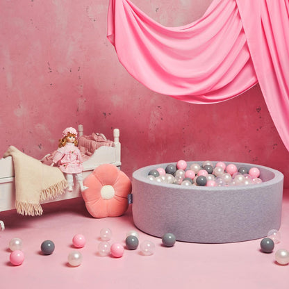 KiddyMoon ball pit 90X30cm/300 balls ∅ 7cm ball pool with colorful balls for girls babies children round, light grey:pearl/grey/transparent/pink