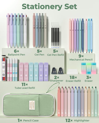 Aesthetic school supplies with pencil case, 6 colored pens, 12 pastel highlighters, 5 black ink gel pens, and 9 mechanical pencils 0.5-2.0 mm (green) - 56 PCS.
