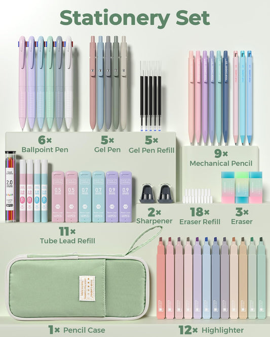 Aesthetic school supplies with pencil case, 6 colored pens, 12 pastel highlighters, 5 black ink gel pens, and 9 mechanical pencils 0.5-2.0 mm (green) - 56 PCS.