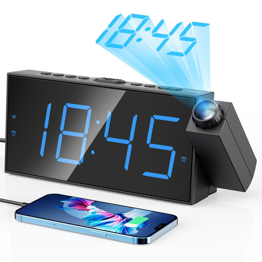 Projection alarm clock, 7-inch digital display and dimmer, dual alarms, USB port, adjustable alarm volume, snooze, 12/24 hour format, battery backup for bedroom, ceiling, wall, home, kids, seniors.
