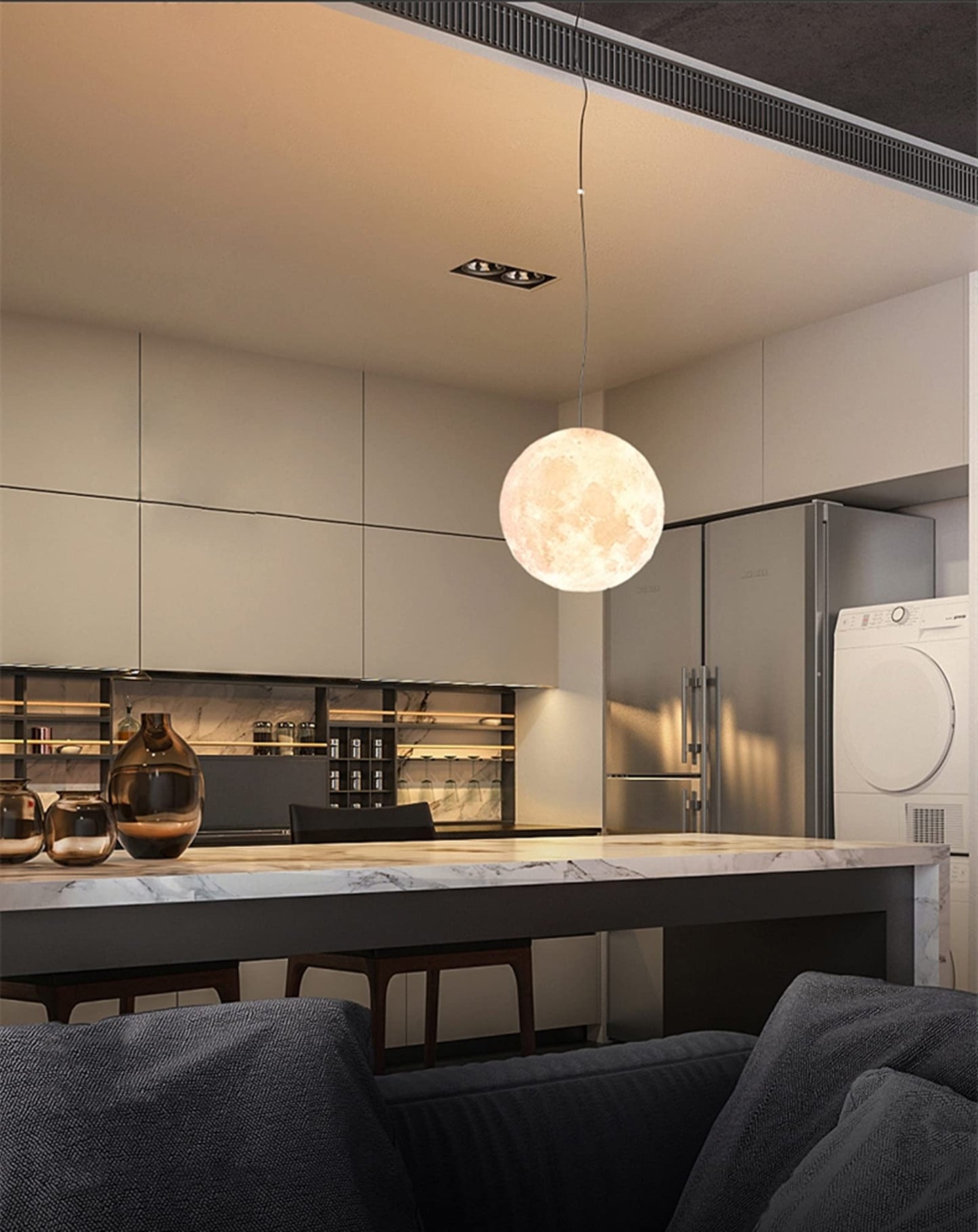 KRIPINC 3D Printing Ceiling Lamp Moon, Creative Pendant Light Moon, Moon Lamp Ceiling Light, Adjustable Height E27 Planet Lamp for Kids' Room Bedroom Living Room Restaurant Bar, Diameter 22cm