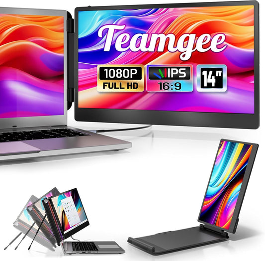 Teamgee Laptop Monitor extension, 14" FHD 1080P IPS Portable Monitor for laptops, Built-in stand/speakers, dual screen for 13"-17" laptops, plug & play compatible with Mac, Windows, Android