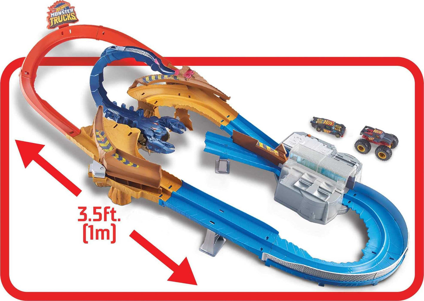 Hot Wheels GTL33 - Monster Trucks Scorpion Accelerator Track Set with monster truck and Hot Wheels vehicle, featuring a giant scorpion as the archenemy, for ages 4 and up.