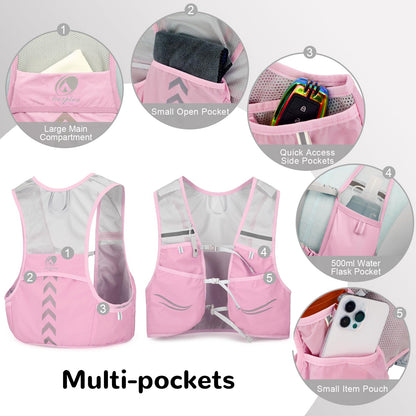 Outplea running vest for women with 2*500ml soft water bottle, ultralight running backpack quick drying, hydration pack reflective vest for jogging, trail running, cycling, pink