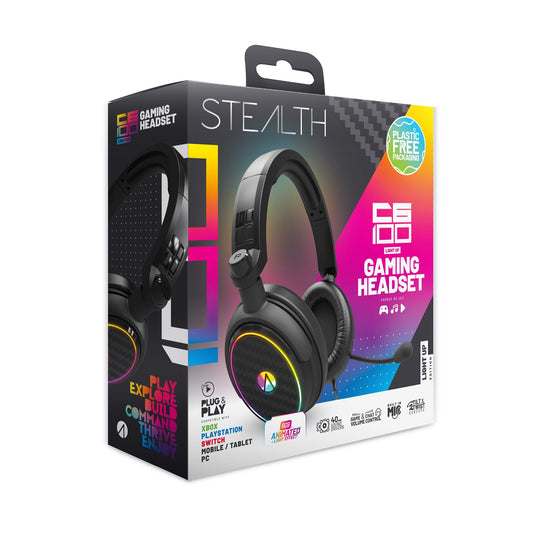 Stealth C6-100 LED Over Ear Gaming Headset for PS4/PS5, Xbox, Nintendo Switch, PC. Features flexible microphone, 3.5mm jack, 1.5m cable, lightweight, comfortable and durable.